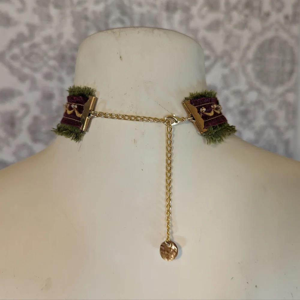 Handmade Jewel Tone Rosette Plum and Olive Green Chiffon & Velvet Floral Choker - Picture 9 of 10